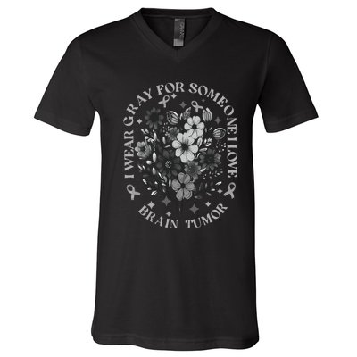 Brain Tumor Awareness Wildflower I Wear Gray For Brain Tumor V-Neck T-Shirt