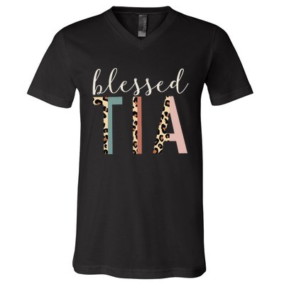 Blessed Tia Aunt Cute Leopard Print V-Neck T-Shirt