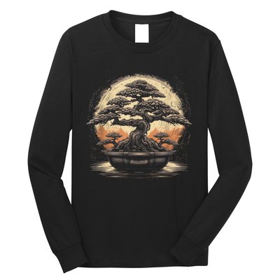 Bonsai Tree And The Rising Sun In Japan Design Long Sleeve Shirt