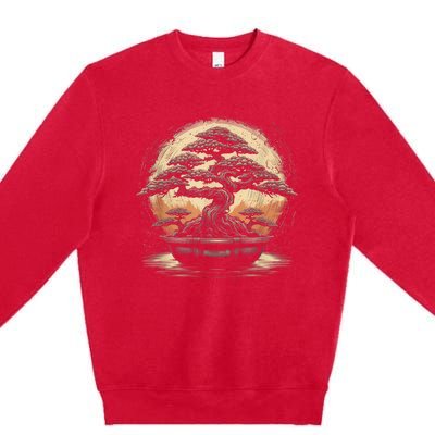 Bonsai Tree And The Rising Sun In Japan Design Premium Crewneck Sweatshirt