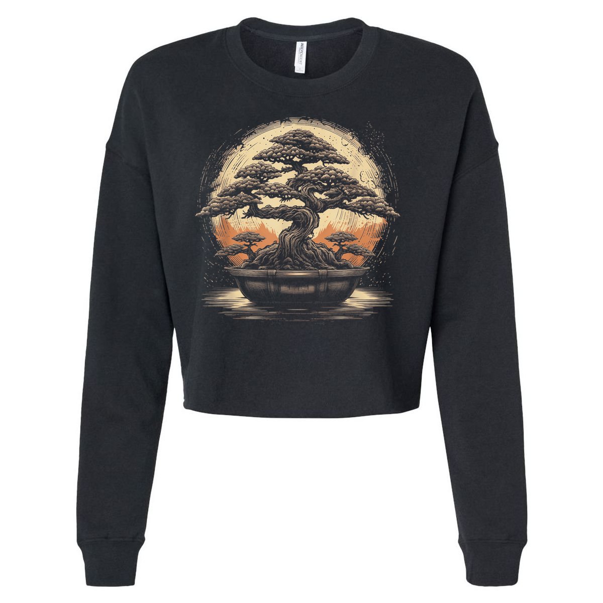 Bonsai Tree And The Rising Sun In Japan Cropped Pullover Crew