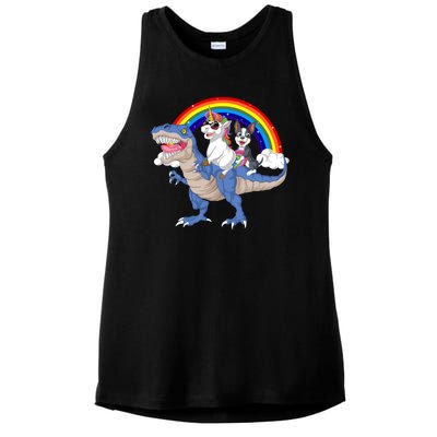 Boston Terrier And Unicorn Riding Dinosaur Ladies PosiCharge Tri-Blend Wicking Tank