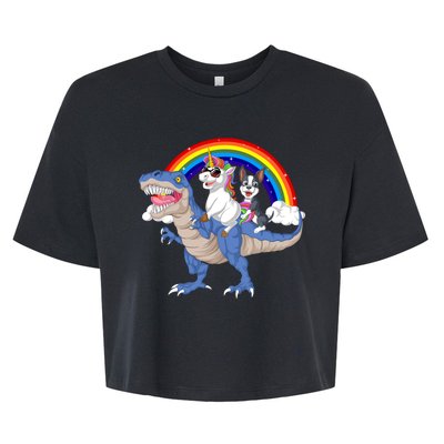 Boston Terrier And Unicorn Riding Dinosaur Bella+Canvas Jersey Crop Tee