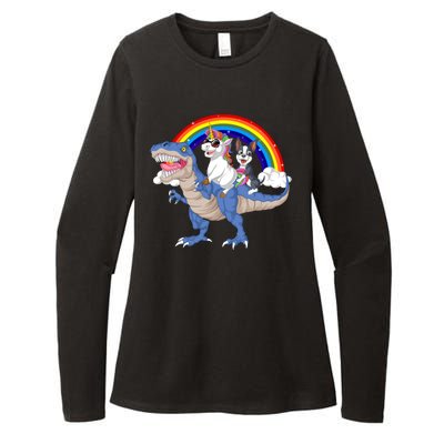 Boston Terrier And Unicorn Riding Dinosaur Womens CVC Long Sleeve Shirt