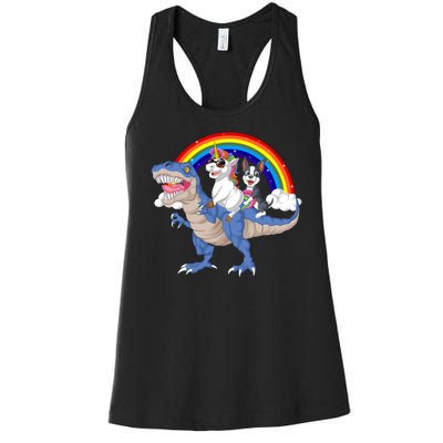 Boston Terrier And Unicorn Riding Dinosaur Women's Racerback Tank