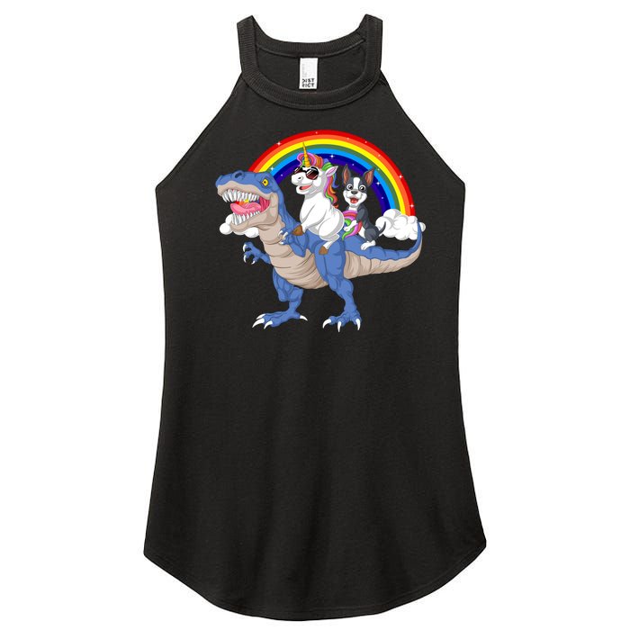 Boston Terrier And Unicorn Riding Dinosaur Women’s Perfect Tri Rocker Tank