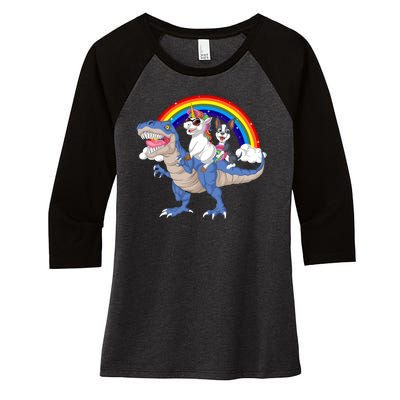 Boston Terrier And Unicorn Riding Dinosaur Women's Tri-Blend 3/4-Sleeve Raglan Shirt