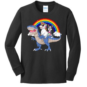 Boston Terrier And Unicorn Riding Dinosaur Kids Long Sleeve Shirt