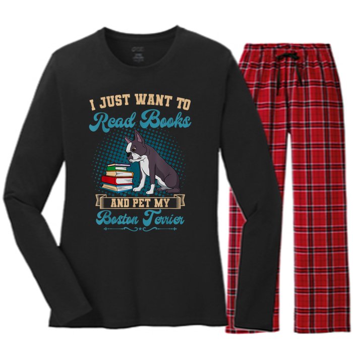 Boston Terrier American Gentleman Bibliophile Book Lover Women's Long Sleeve Flannel Pajama Set 