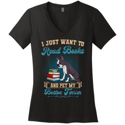 Boston Terrier American Gentleman Bibliophile Book Lover Women's V-Neck T-Shirt