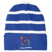 Butterfly Tree Autism Love Accept Support Autism Month Funny Gift Striped Beanie with Solid Band