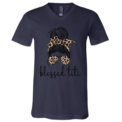 Blessed Titi Aunt Messy Bun Titi Auntie Mother's Day V-Neck T-Shirt