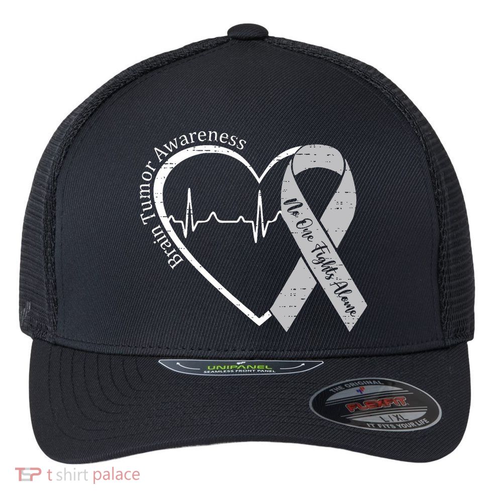 Brain Tumor Awareness Heart Brain Cancer Gray Ribbon Support  Flexfit Unipanel Trucker Cap