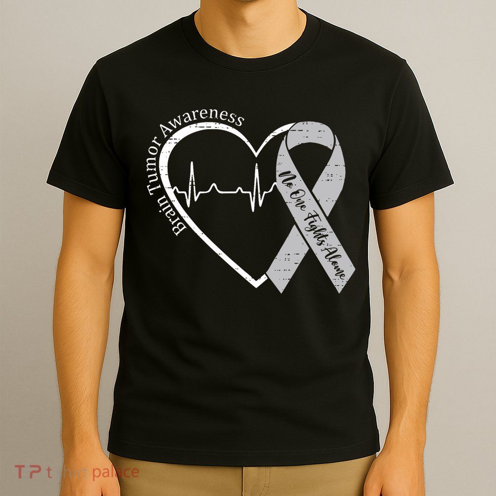 Brain Tumor Awareness Heart Brain Cancer Gray Ribbon Support  T-Shirt