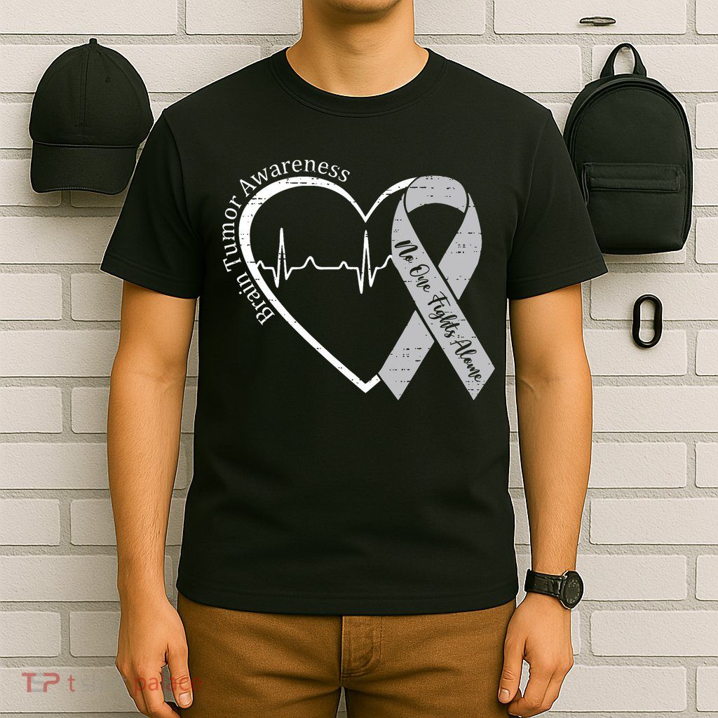Brain Tumor Awareness Heart Brain Cancer Gray Ribbon Support  T-Shirt