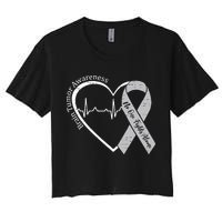 Brain Tumor Awareness Heart Brain Cancer Gray Ribbon Support  Women's Crop Top Tee
