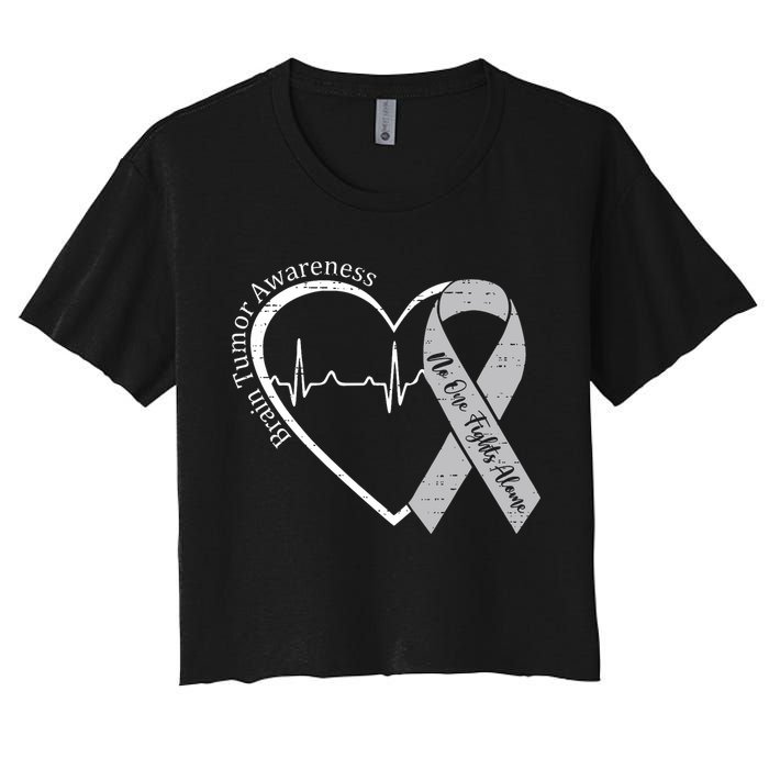Brain Tumor Awareness Heart Brain Cancer Gray Ribbon Support  Women's Crop Top Tee
