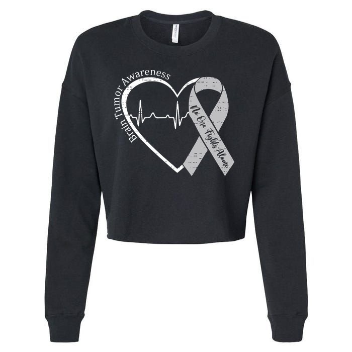 Brain Tumor Awareness Heart Brain Cancer Gray Ribbon Support  Cropped Pullover Crew