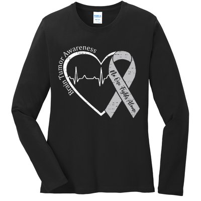 Brain Tumor Awareness Heart Brain Cancer Gray Ribbon Support  Ladies Long Sleeve Shirt