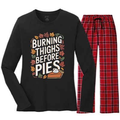 Burning Thighs Before Pies Funny Thanksgiving Pumpkin Pie Women's Long Sleeve Flannel Pajama Set 