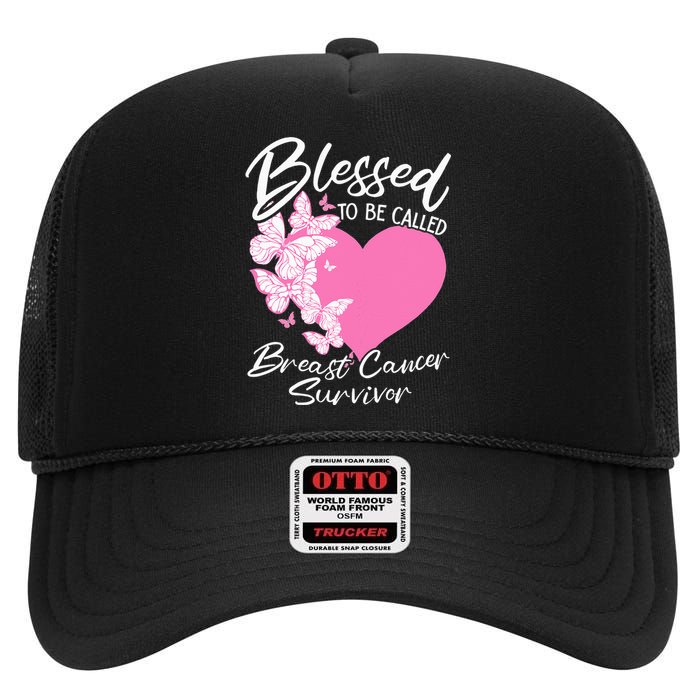 Blessed To Be Called Breast Cancer Survivor Pink Butterfly High Crown Mesh Back Trucker Hat