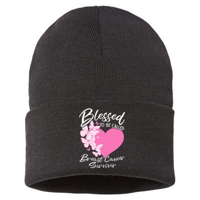 Blessed To Be Called Breast Cancer Survivor Pink Butterfly Sustainable Knit Beanie