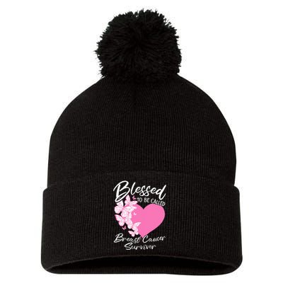 Blessed To Be Called Breast Cancer Survivor Pink Butterfly Pom Pom 12in Knit Beanie