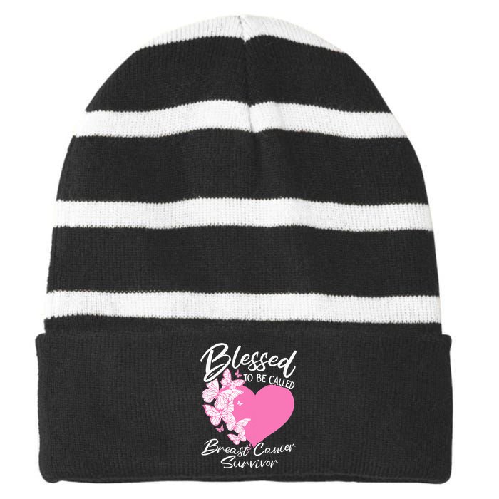 Blessed To Be Called Breast Cancer Survivor Pink Butterfly Striped Beanie with Solid Band