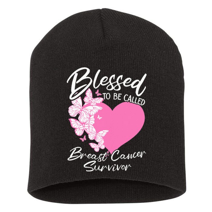 Blessed To Be Called Breast Cancer Survivor Pink Butterfly Short Acrylic Beanie