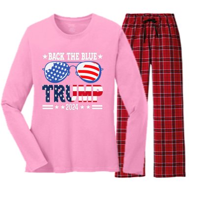 Back The Blue Trump 2024 Police American Flag Women's Long Sleeve Flannel Pajama Set 