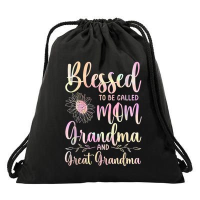 Blessed To Be Called Mom Grandma And Great Grandma Flower Drawstring Bag