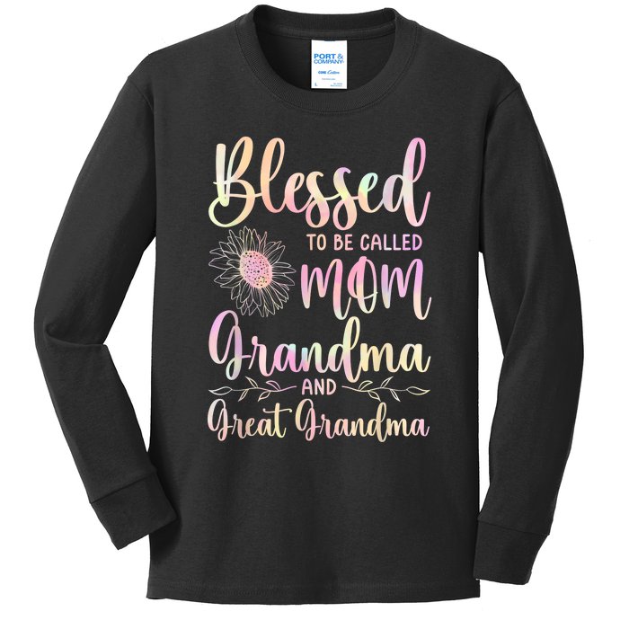 Blessed To Be Called Mom Grandma And Great Grandma Flower Kids Long Sleeve Shirt