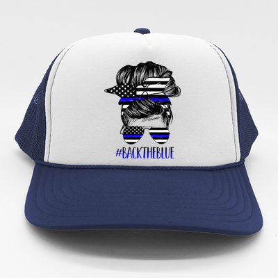 Back The Blue Messy Bun Thin Blue Line Police Support Women Trucker Hat