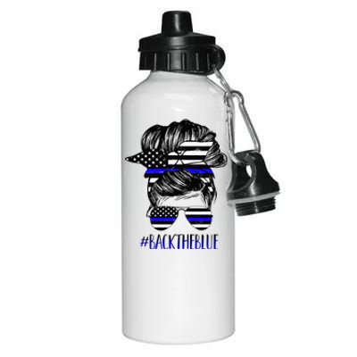 Back The Blue Messy Bun Thin Blue Line Police Support Women Aluminum Water Bottle