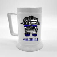 Back The Blue Messy Bun Thin Blue Line Police Support Women Beer Stein