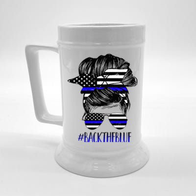 Back The Blue Messy Bun Thin Blue Line Police Support Women Beer Stein