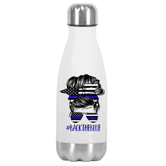 Back The Blue Messy Bun Thin Blue Line Police Support Women Stainless Steel Insulated Water Bottle