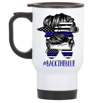 Back The Blue Messy Bun Thin Blue Line Police Support Women Stainless Steel Travel Mug