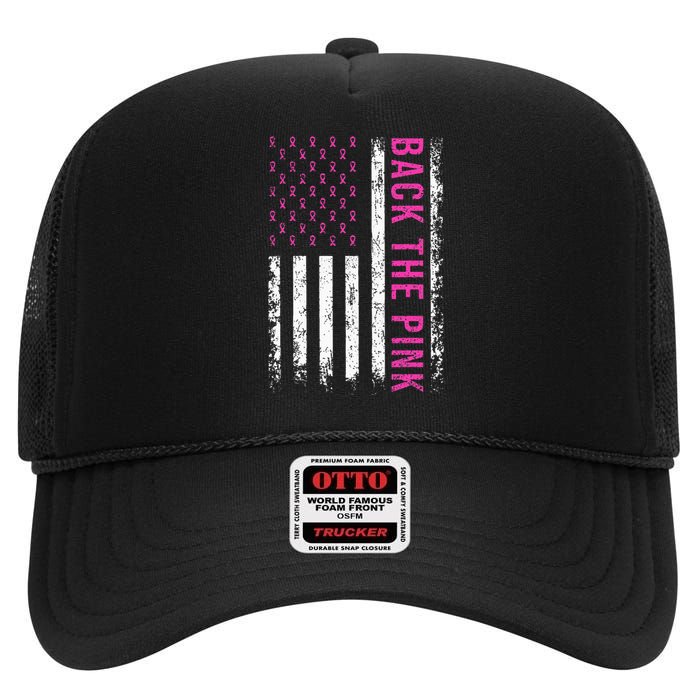 Back The Breast Cancer Awareness American Flag High Crown Mesh Back Trucker Hat