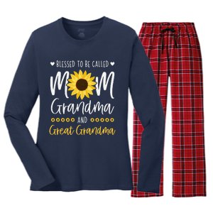 Blessed To Be Called Mom Grandma And Great Grandma Sunflower Women's Long Sleeve Flannel Pajama Set 