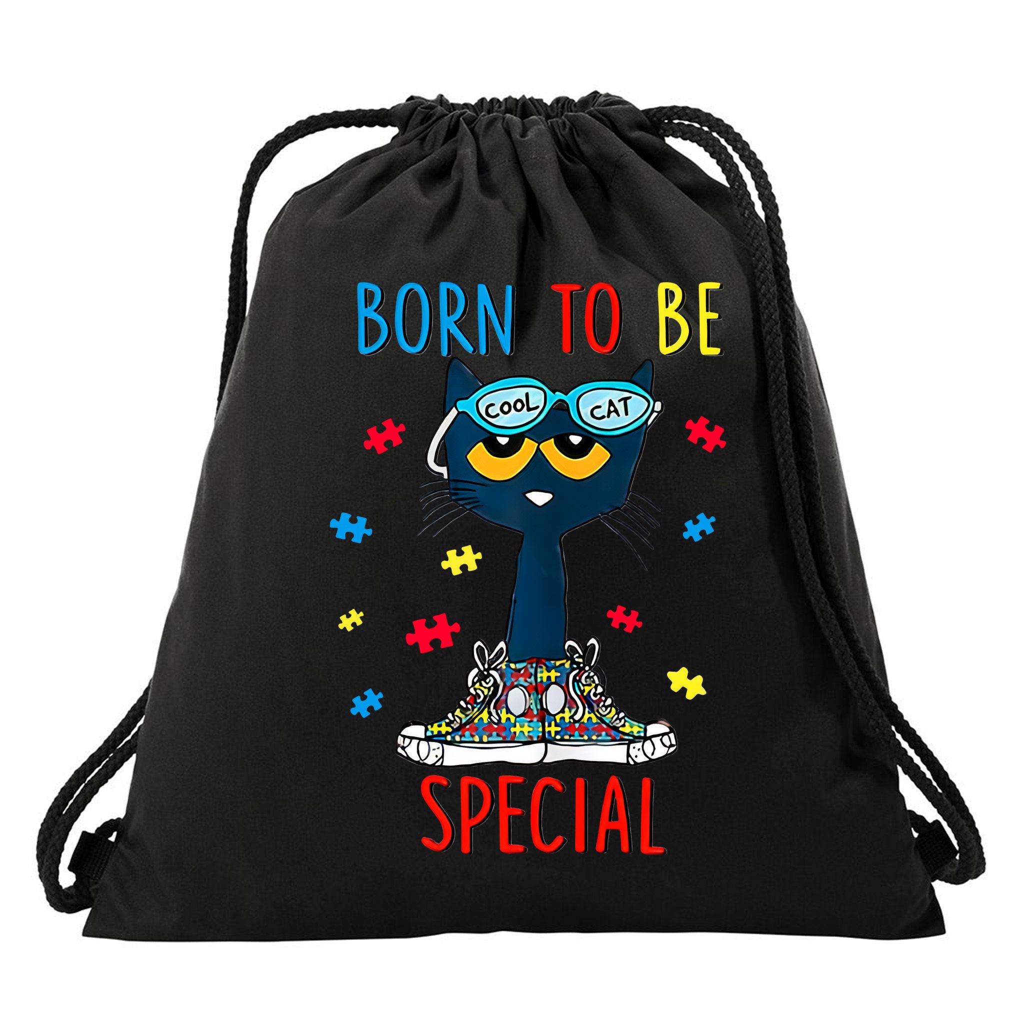Born To Be Special Autism Awareness Autism Heart Autism Cool Cat Drawstring Bag