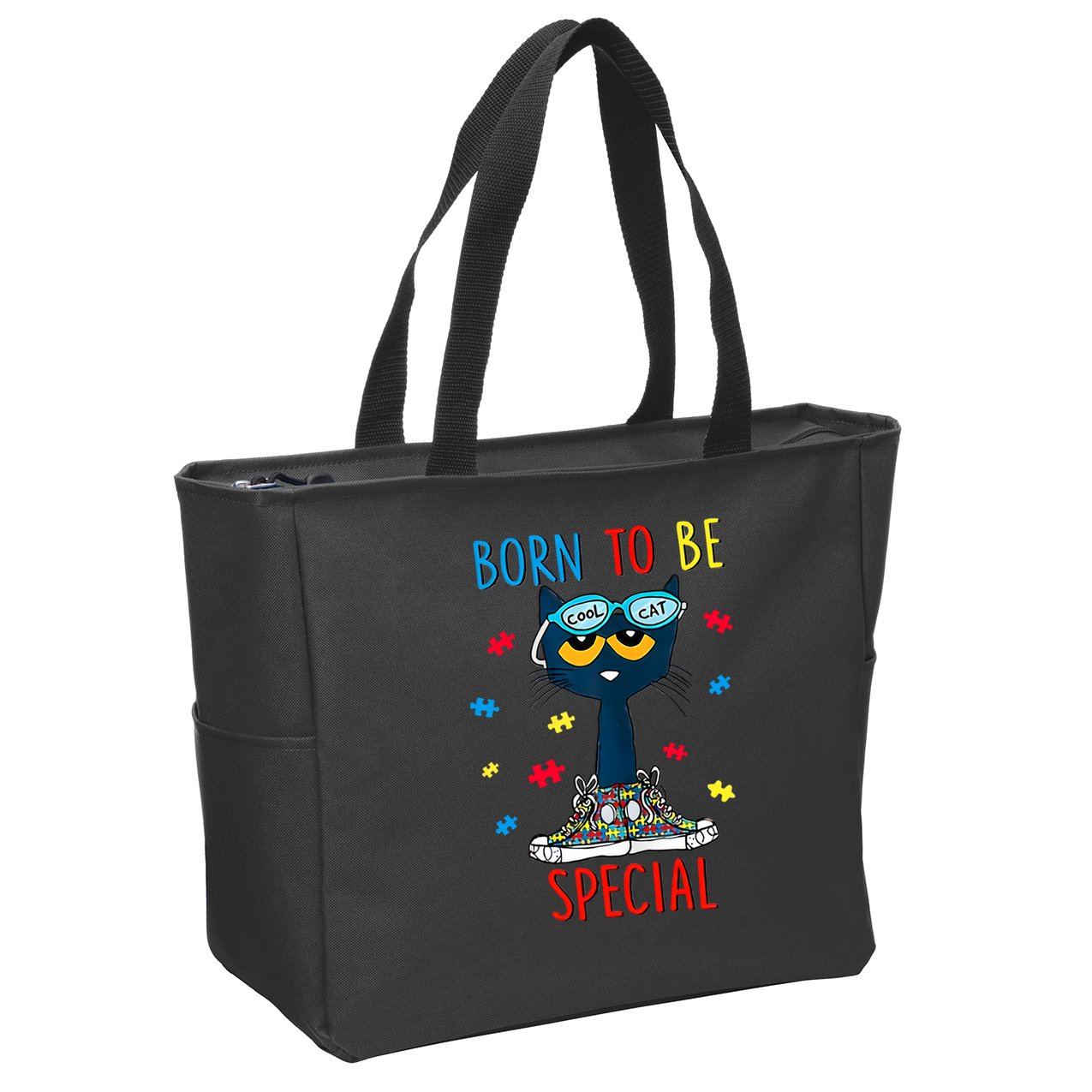 Born To Be Special Autism Awareness Autism Heart Autism Cool Cat Zip Tote Bag