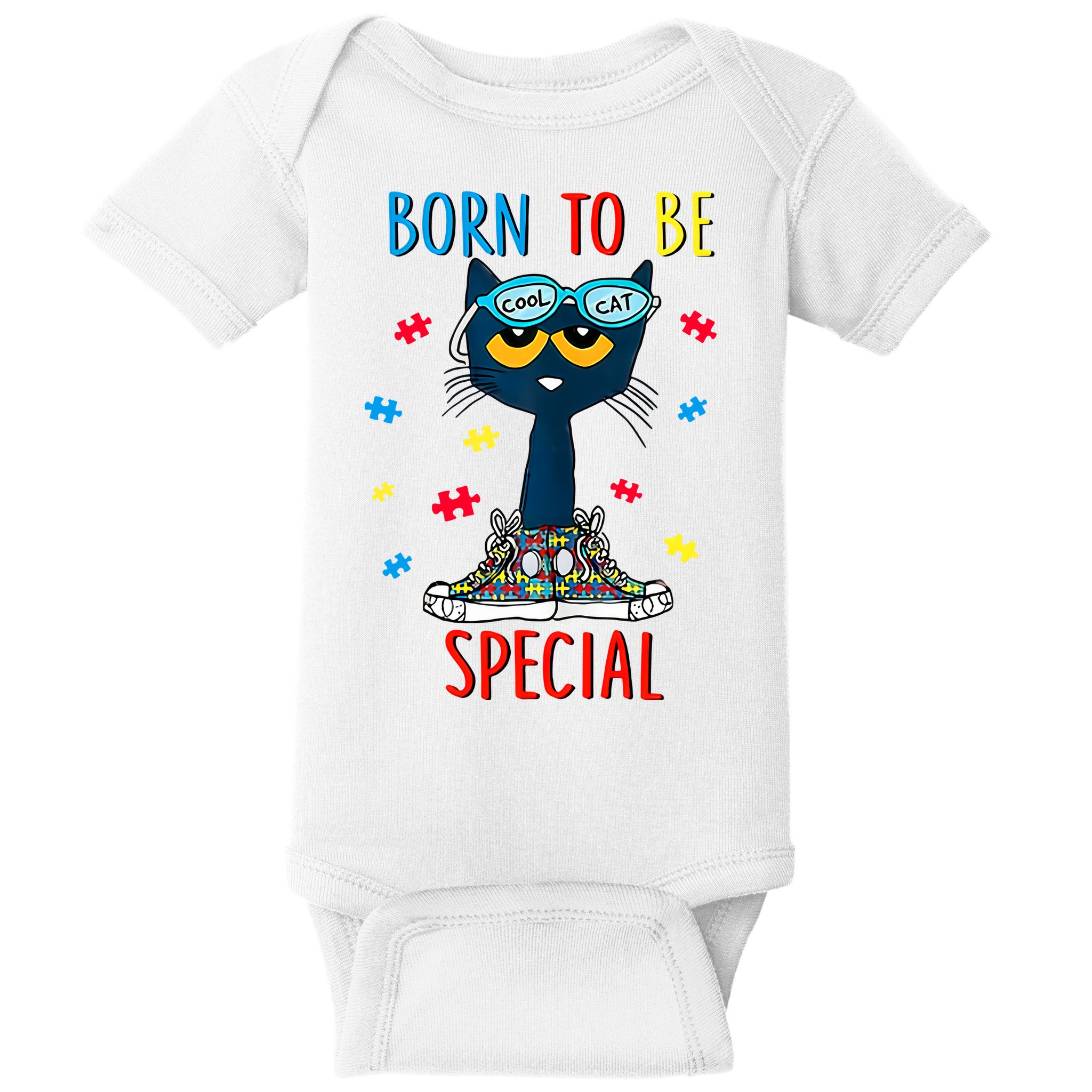 Born To Be Special Autism Awareness Autism Heart Autism Cool Cat Baby Bodysuit