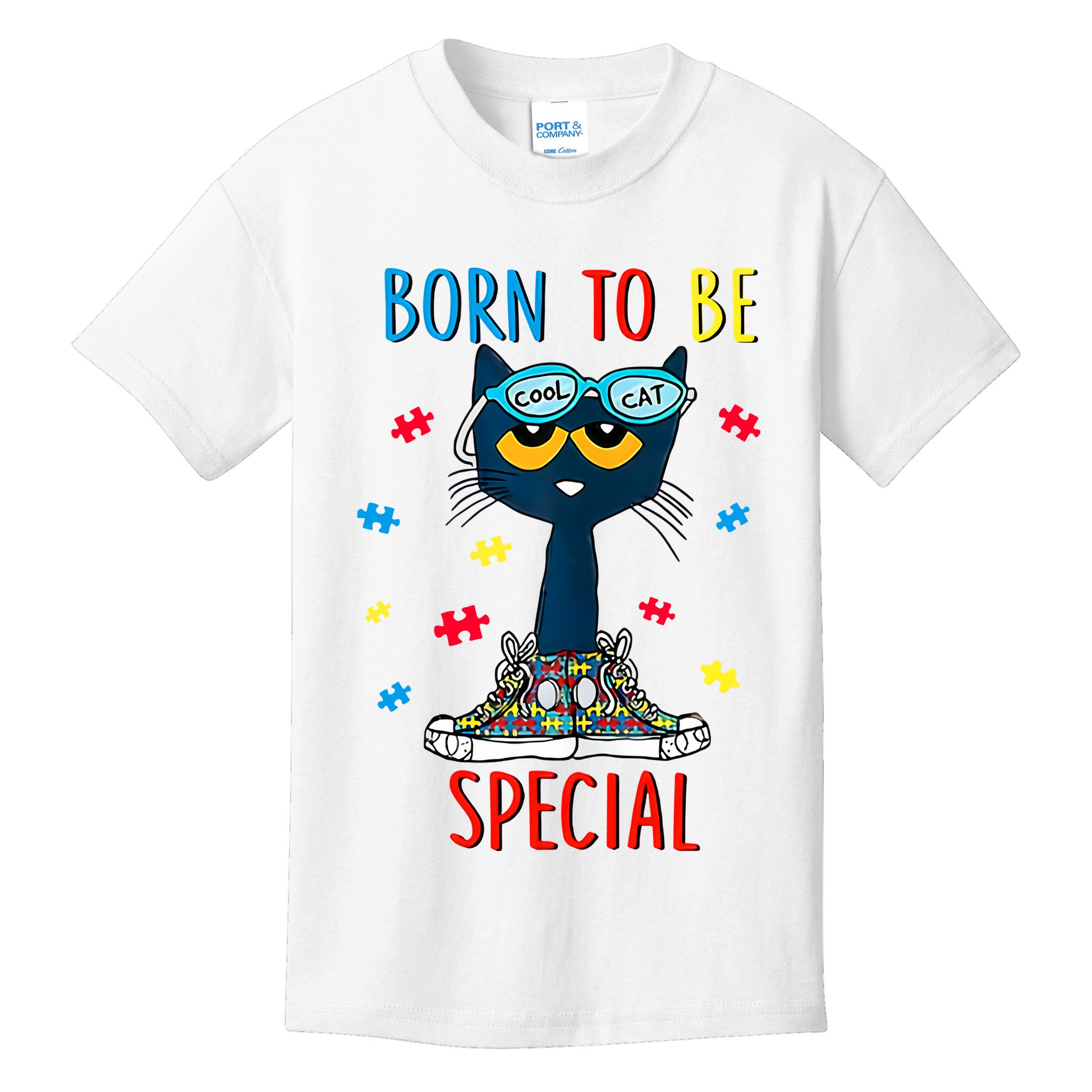 Born To Be Special Autism Awareness Autism Heart Autism Cool Cat Kids T-Shirt