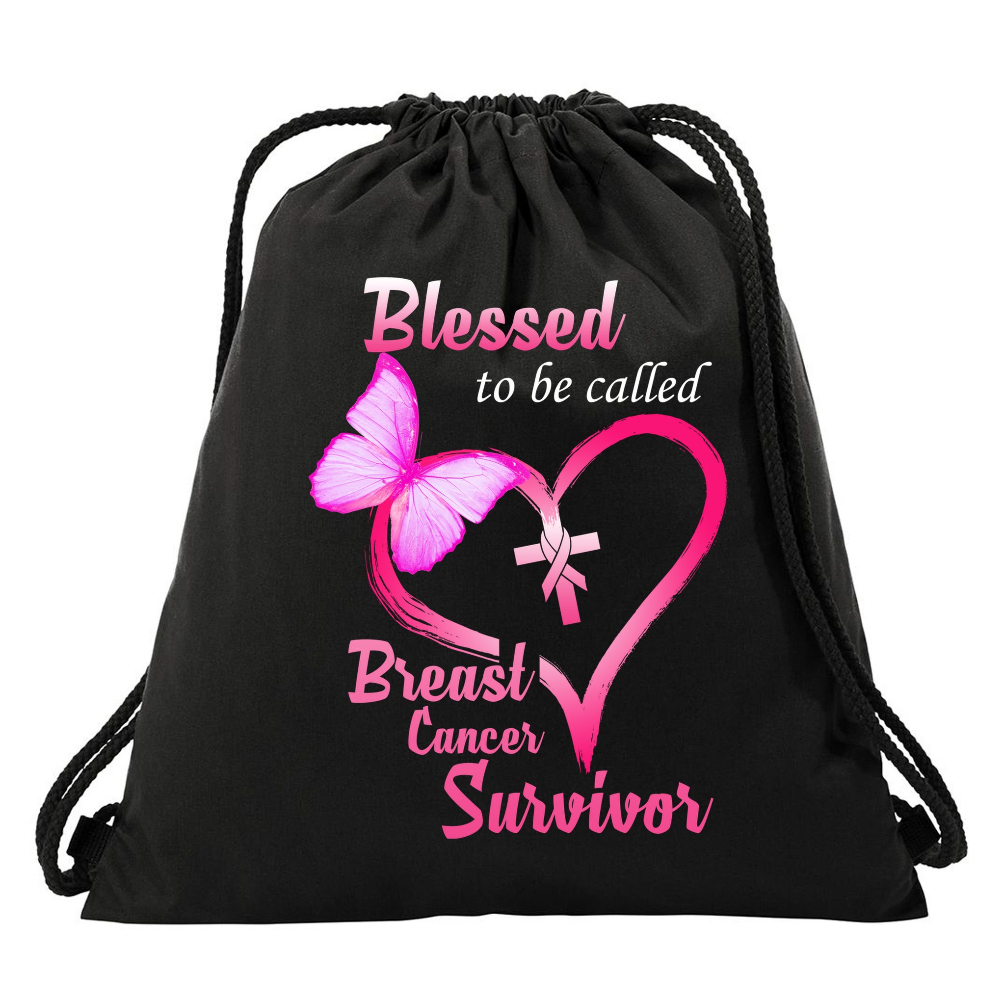 Blessed To Be Called Breast Cancer Survivor Butterfly Heart Drawstring Bag