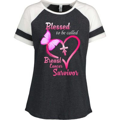 Blessed To Be Called Breast Cancer Survivor Butterfly Heart Enza Ladies Jersey Colorblock Tee