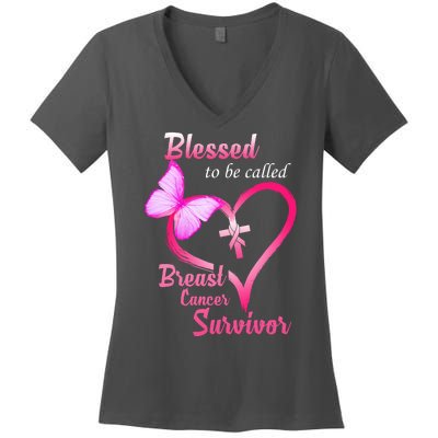 Blessed To Be Called Breast Cancer Survivor Butterfly Heart Women's V-Neck T-Shirt