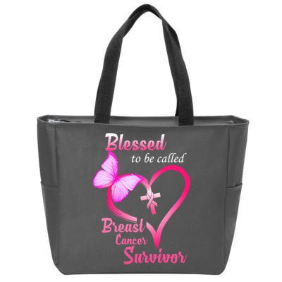 Blessed To Be Called Breast Cancer Survivor Butterfly Heart Zip Tote Bag