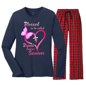 Blessed To Be Called Breast Cancer Survivor Butterfly Heart Women's Long Sleeve Flannel Pajama Set 