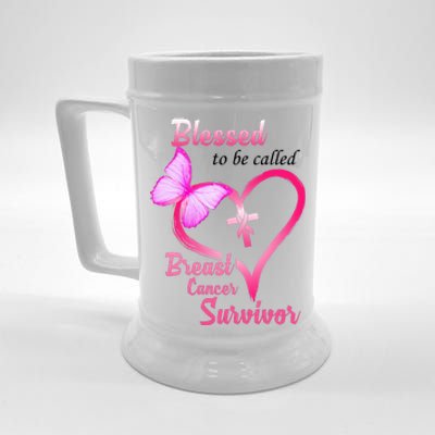 Blessed To Be Called Breast Cancer Survivor Butterfly Heart Beer Stein